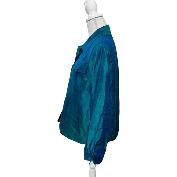 VTG ANU by Natural Silk Jacket XL Teal Blue Iridescent Shantung Top Art To Wear - Picture 3 of 11